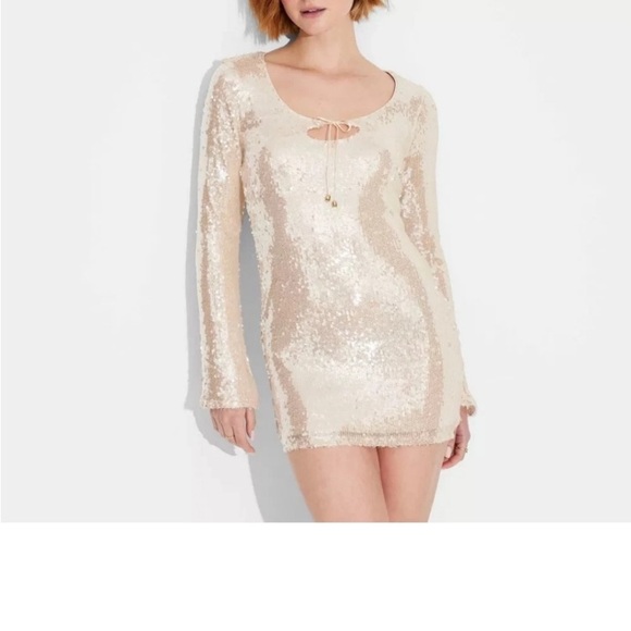 Wild Fable Cream Sequin-lined- Mini Dress with from gold tassel tie detail - Picture 3 of 6
